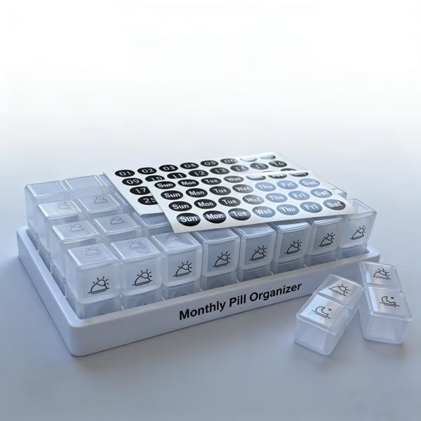 Monthly AM/PM Pill Organizer – Twice-a-Day Medicine & Vitamin Storage with Stickers