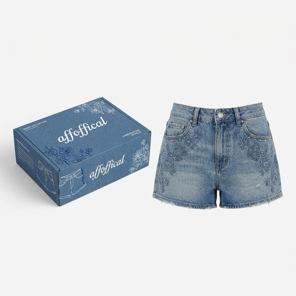 affoffical Women’s Floral Embroidered Denim Shorts | High-Waisted Straight Micro A-Line Fit | Vintage Washed Blue, Easy to Style